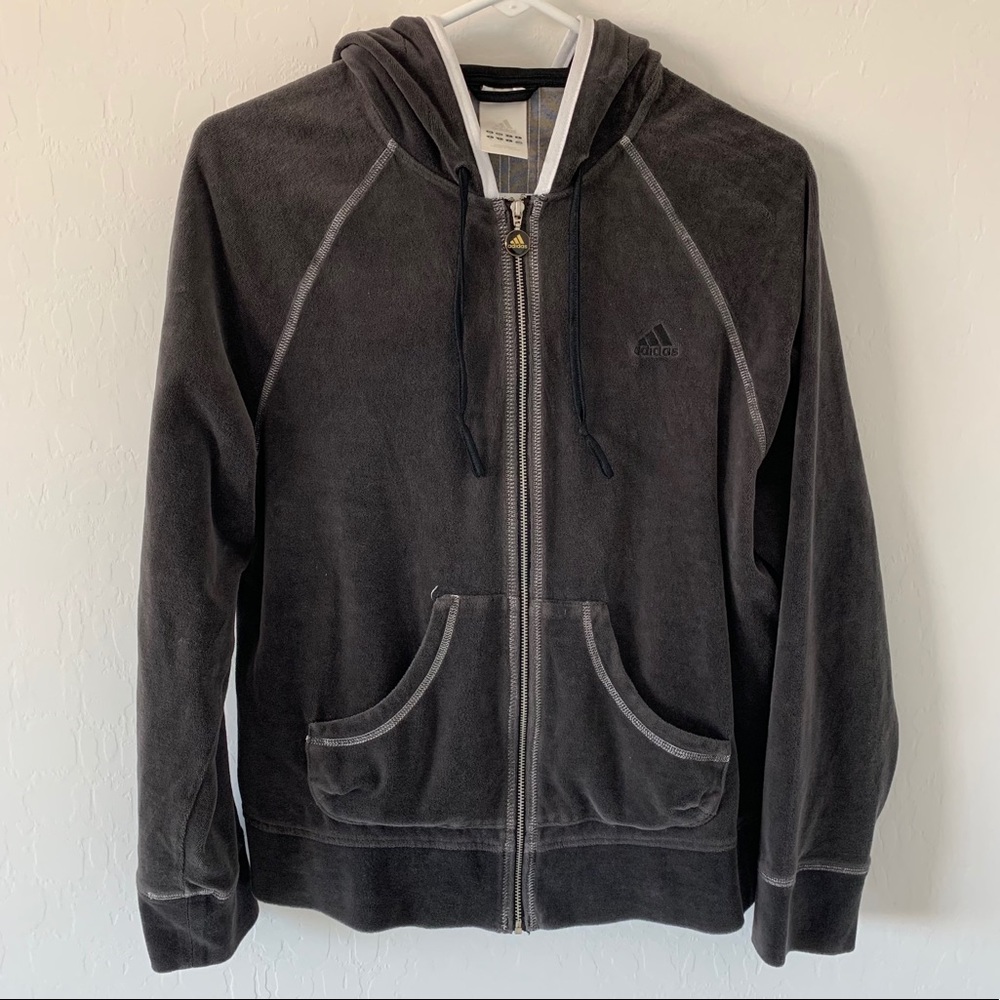 Adidas Gray Hooded Velvet Zip Up Sweater